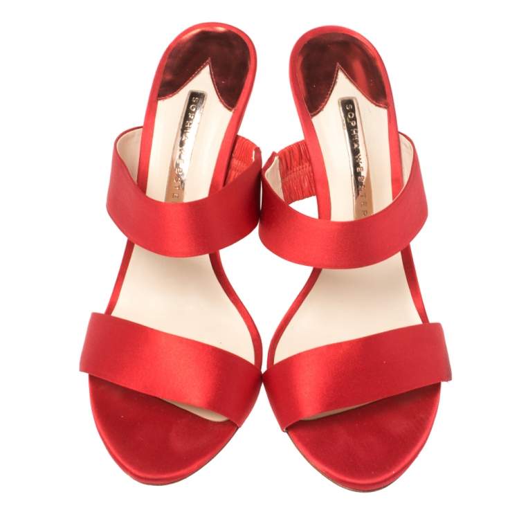 Pre Owned Sophia Webster Red Satin Crystal Embellished Heel Slide Mules Size 40