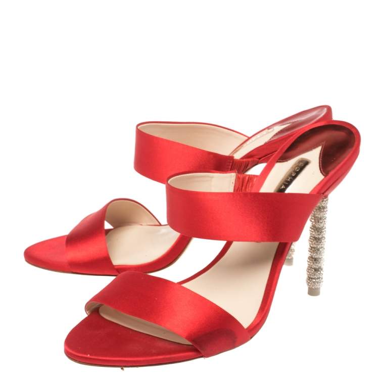 Pre Owned Sophia Webster Red Satin Crystal Embellished Heel Slide Mules Size 40