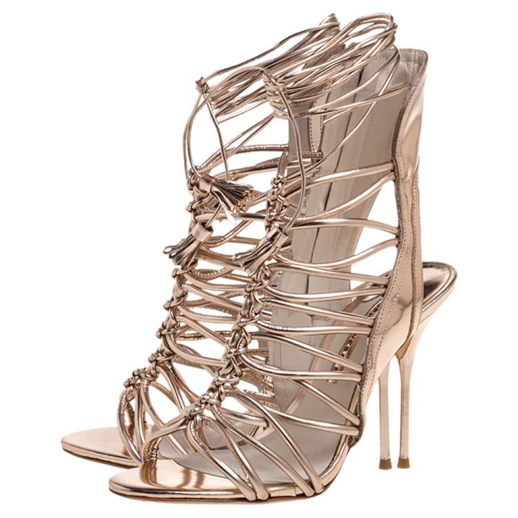 Pre Owned Sophia Webster Metallic Rose Gold Leather Cage Ankle Wrap Sandals Size 39