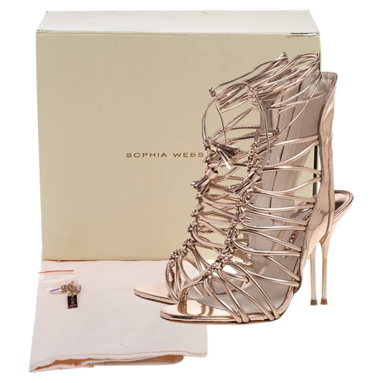 Pre Owned Sophia Webster Metallic Rose Gold Leather Cage Ankle Wrap Sandals Size 39