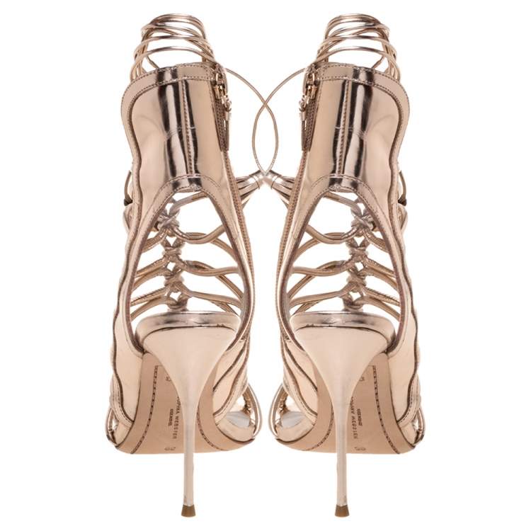 Pre Owned Sophia Webster Metallic Rose Gold Leather Cage Ankle Wrap Sandals Size 39