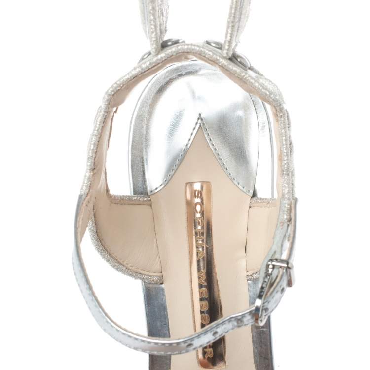 Pre Owned Sophia Webster Silver Leather Chiara Embroidery Sandals Size 38