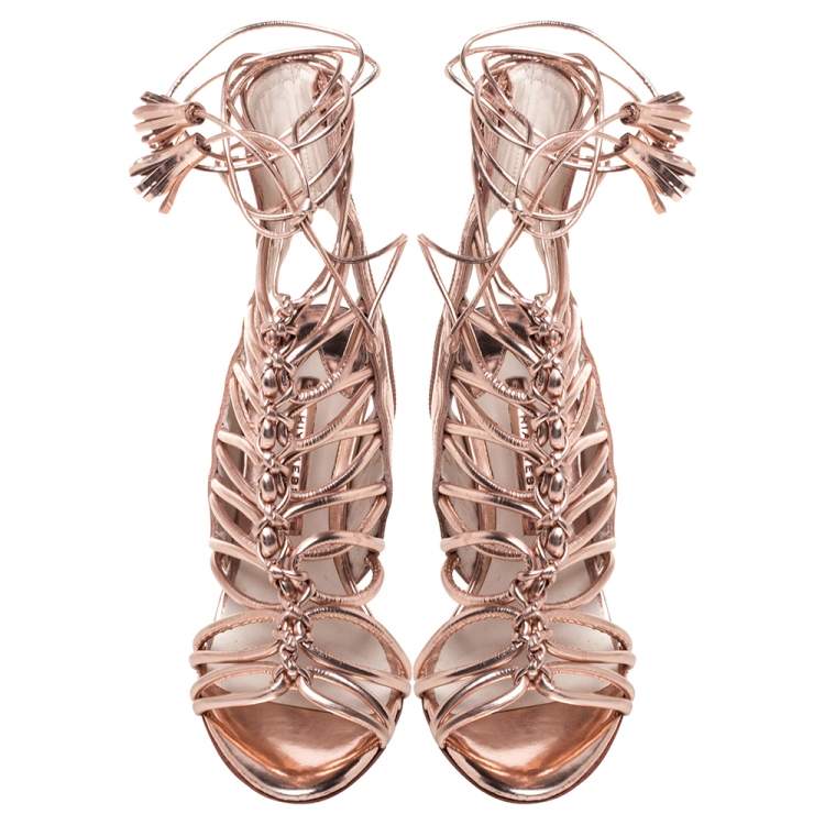 Pre Owned Sophia Webster Metallic Rose Gold Leather Peep Toe Cage Sandals Size 36