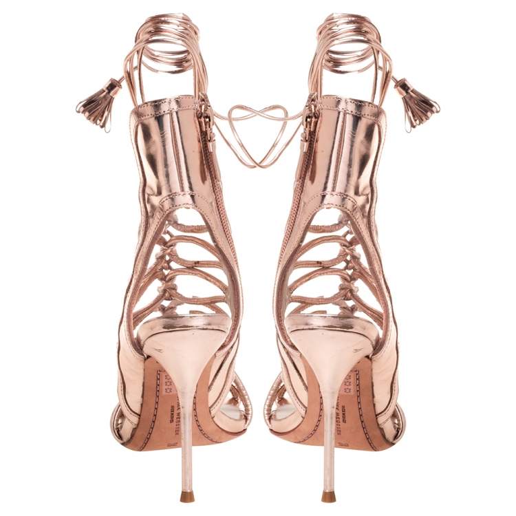 Pre Owned Sophia Webster Metallic Rose Gold Leather Peep Toe Cage Sandals Size 36