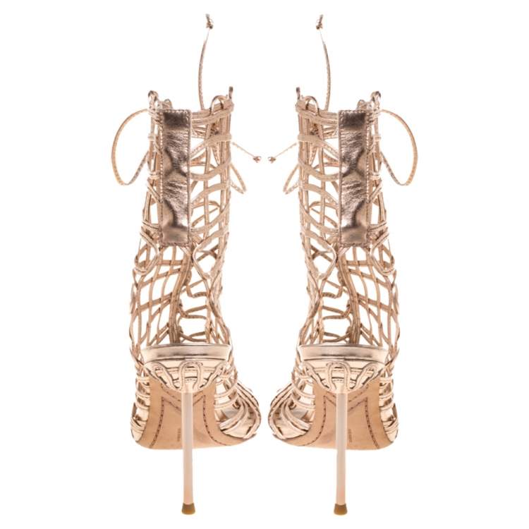 Pre Owned Sophia Webster Metallic Rose Gold Leather Delphine Peep Toe Cage Sandals Size 36