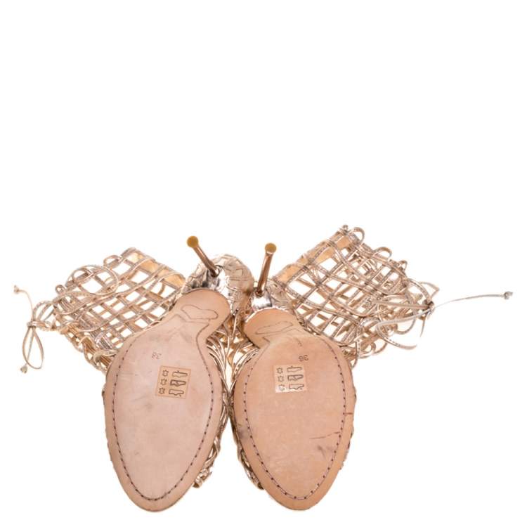 Pre Owned Sophia Webster Metallic Rose Gold Leather Delphine Peep Toe Cage Sandals Size 36