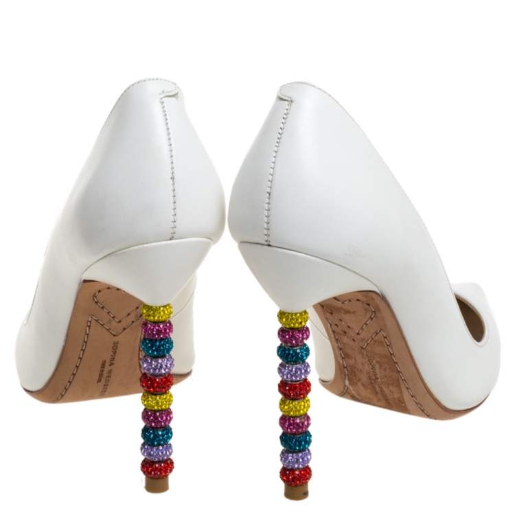 Pre Owned Sophia Webster White Leather Coco Crystal Embellished Heel Pointed Toe Pumps Size 36