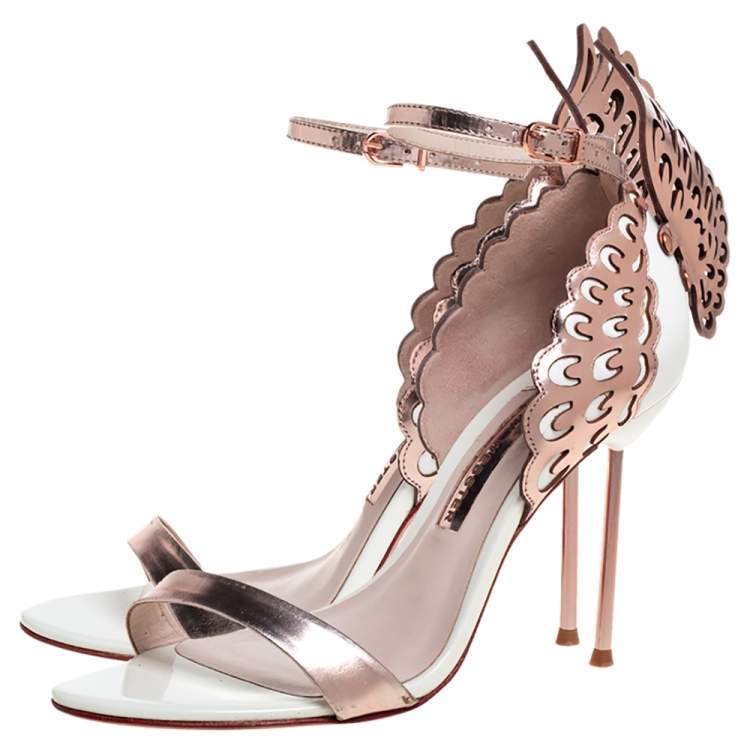 Pre Owned Sophia Webster Rose Gold/White Leather Evangeline Laser Cut Angel Wing Ankle Strap Sandals Size 38.5