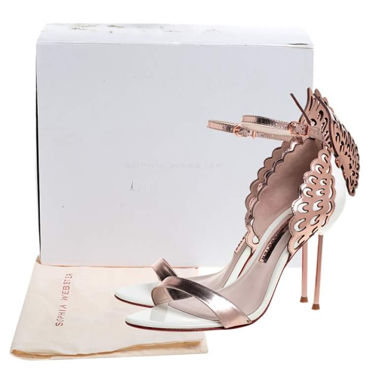 Pre Owned Sophia Webster Rose Gold/White Leather Evangeline Laser Cut Angel Wing Ankle Strap Sandals Size 38.5