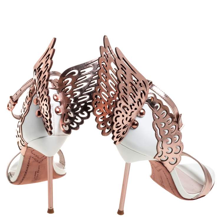 Pre Owned Sophia Webster Rose Gold/White Leather Evangeline Laser Cut Angel Wing Ankle Strap Sandals Size 38.5