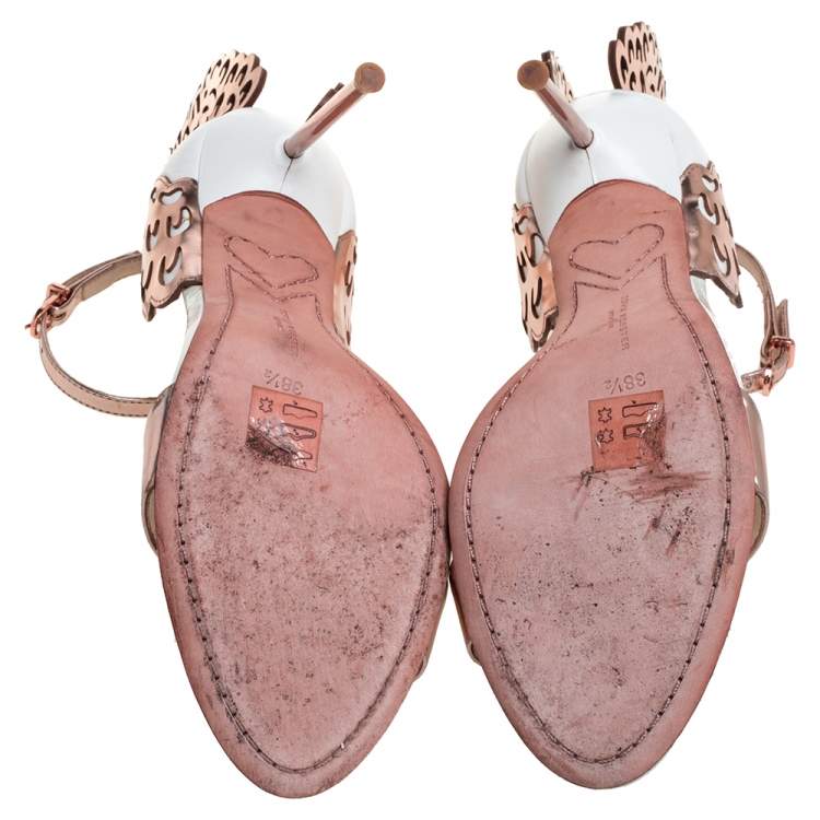 Pre Owned Sophia Webster Rose Gold/White Leather Evangeline Laser Cut Angel Wing Ankle Strap Sandals Size 38.5