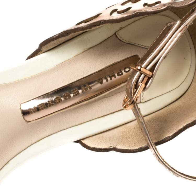 Pre Owned Sophia Webster Rose Gold/White Leather Evangeline Laser Cut Angel Wing Ankle Strap Sandals Size 38.5