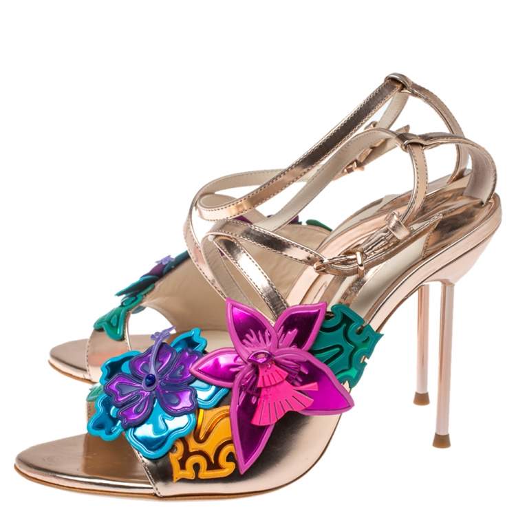 Pre Owned Sophia Webster Rose Gold Foil Leather Hula Floral Embellished Crisscross Sandals Size 38