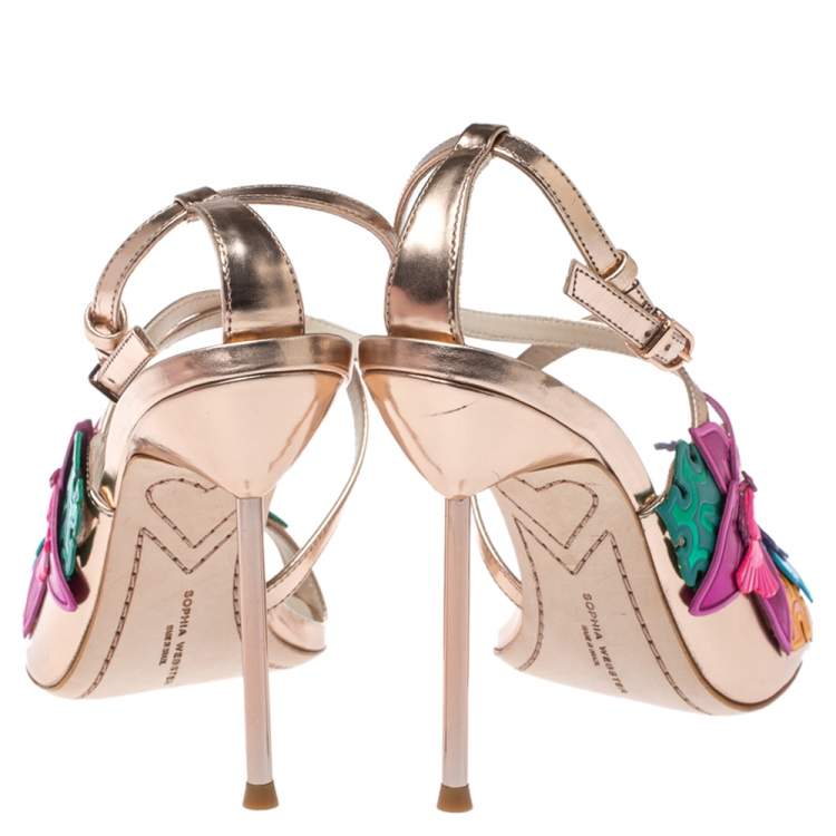 Pre Owned Sophia Webster Rose Gold Foil Leather Hula Floral Embellished Crisscross Sandals Size 38