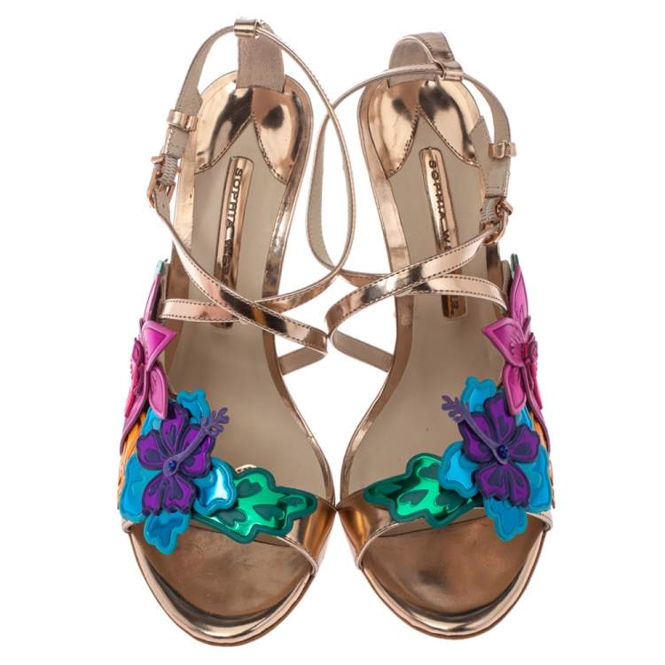 Pre Owned Sophia Webster Rose Gold Foil Leather Hula Floral Embellished Crisscross Sandals Size 38