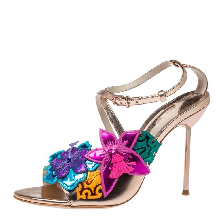 Pre Owned Sophia Webster Rose Gold Foil Leather Hula Floral Embellished Crisscross Sandals Size 38