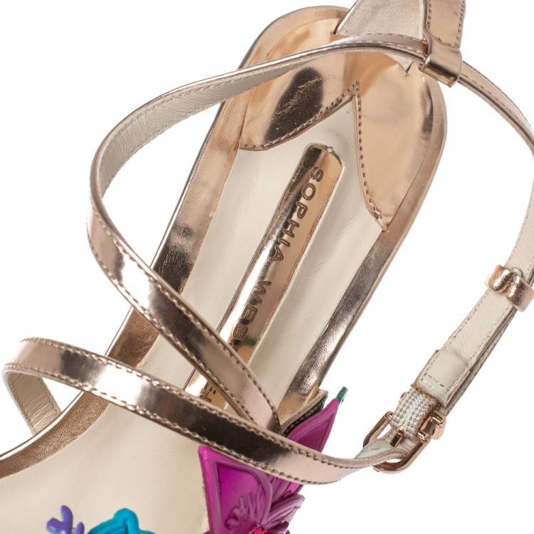 Pre Owned Sophia Webster Rose Gold Foil Leather Hula Floral Embellished Crisscross Sandals Size 38