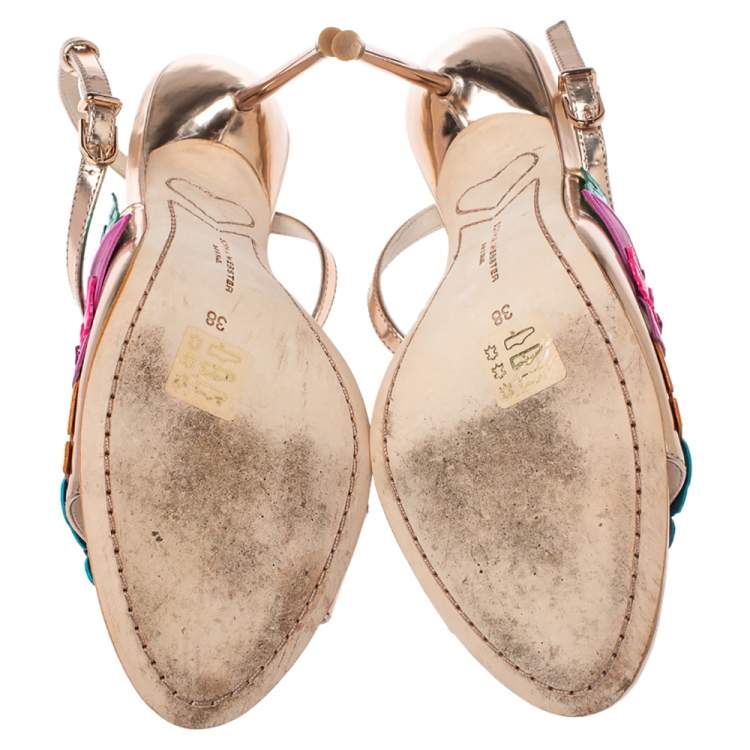 Pre Owned Sophia Webster Rose Gold Foil Leather Hula Floral Embellished Crisscross Sandals Size 38