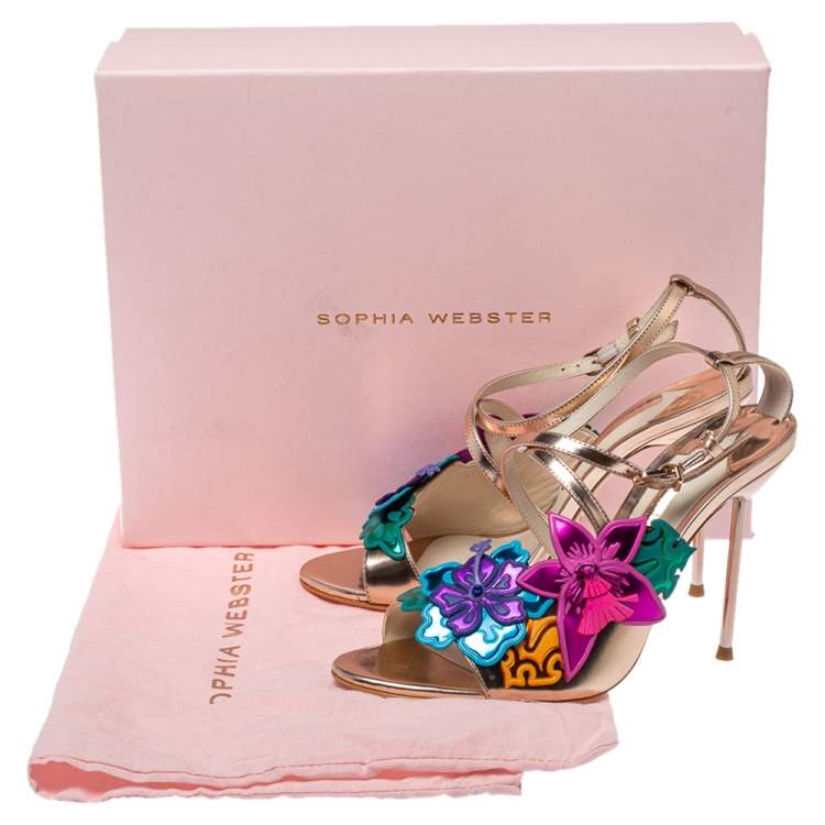 Pre Owned Sophia Webster Rose Gold Foil Leather Hula Floral Embellished Crisscross Sandals Size 38