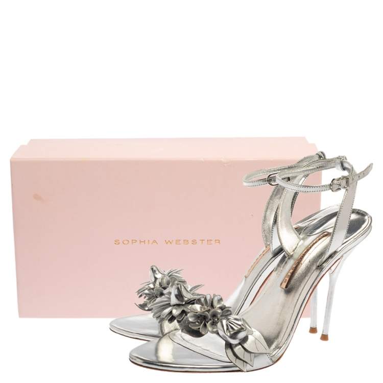 Pre Owned Sophia Webster Silver Foil Leather Lilico Floral Embellished Ankle Wrap Sandals Size 41