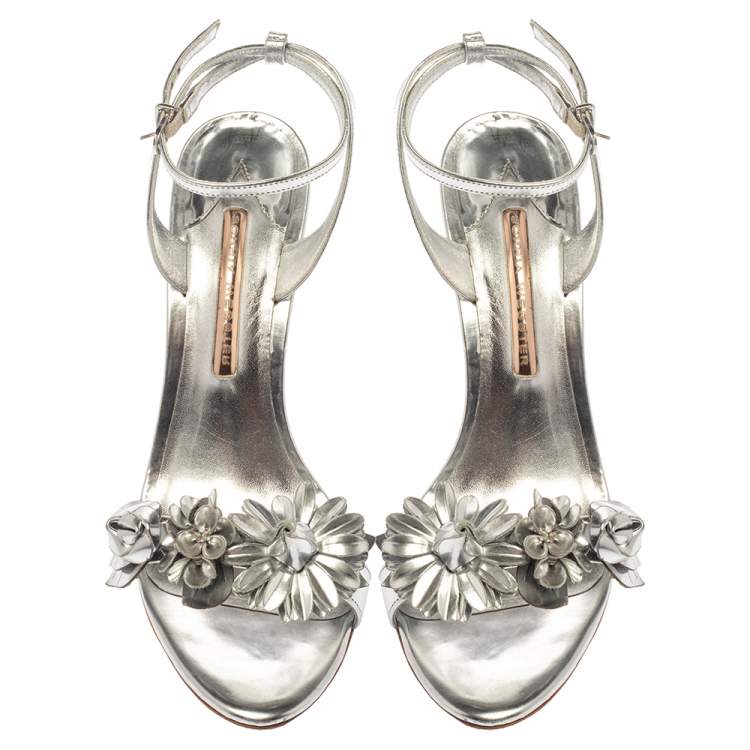 Pre Owned Sophia Webster Silver Foil Leather Lilico Floral Embellished Ankle Wrap Sandals Size 41