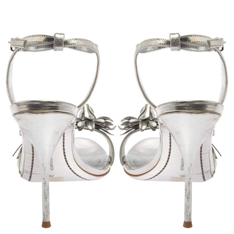 Pre Owned Sophia Webster Silver Foil Leather Lilico Floral Embellished Ankle Wrap Sandals Size 41