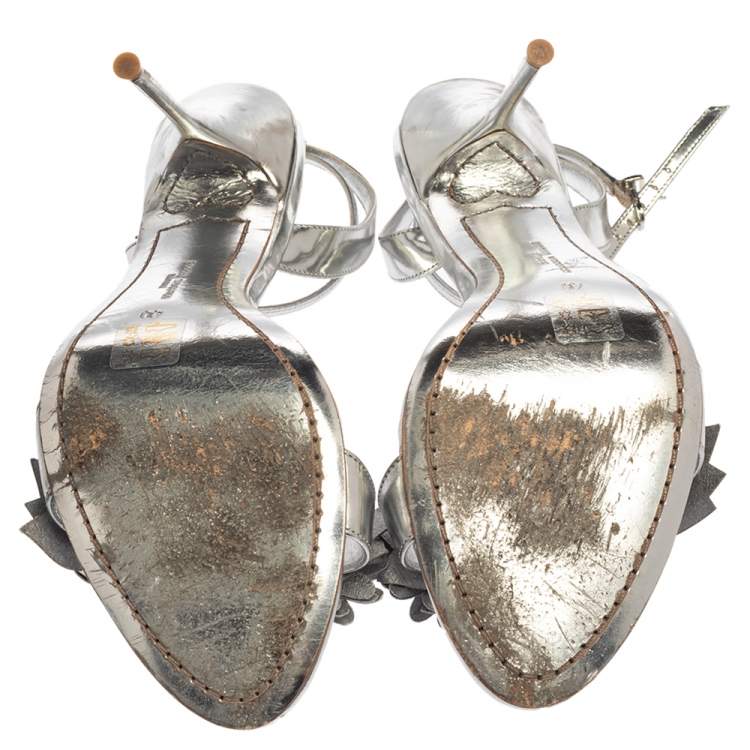 Pre Owned Sophia Webster Silver Foil Leather Lilico Floral Embellished Ankle Wrap Sandals Size 41