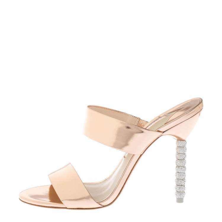 Pre Owned Sophia Webster Rose Gold Foil Leather Crystal Embellished Heel Slide Mules Size 39