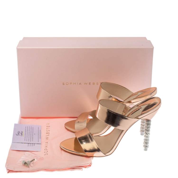Pre Owned Sophia Webster Rose Gold Foil Leather Crystal Embellished Heel Slide Mules Size 39