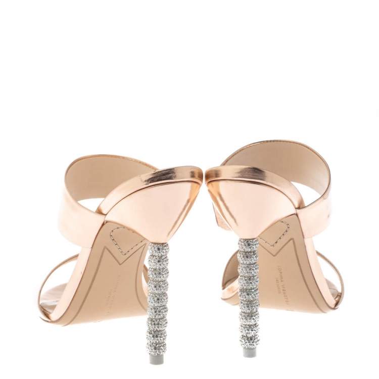 Pre Owned Sophia Webster Rose Gold Foil Leather Crystal Embellished Heel Slide Mules Size 39