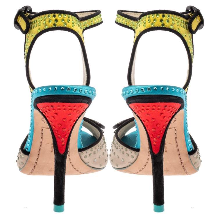 Pre Owned Sophia Webster Multicolor Satin Crystal Embellished Bow Peep Toe Sandals Size 37