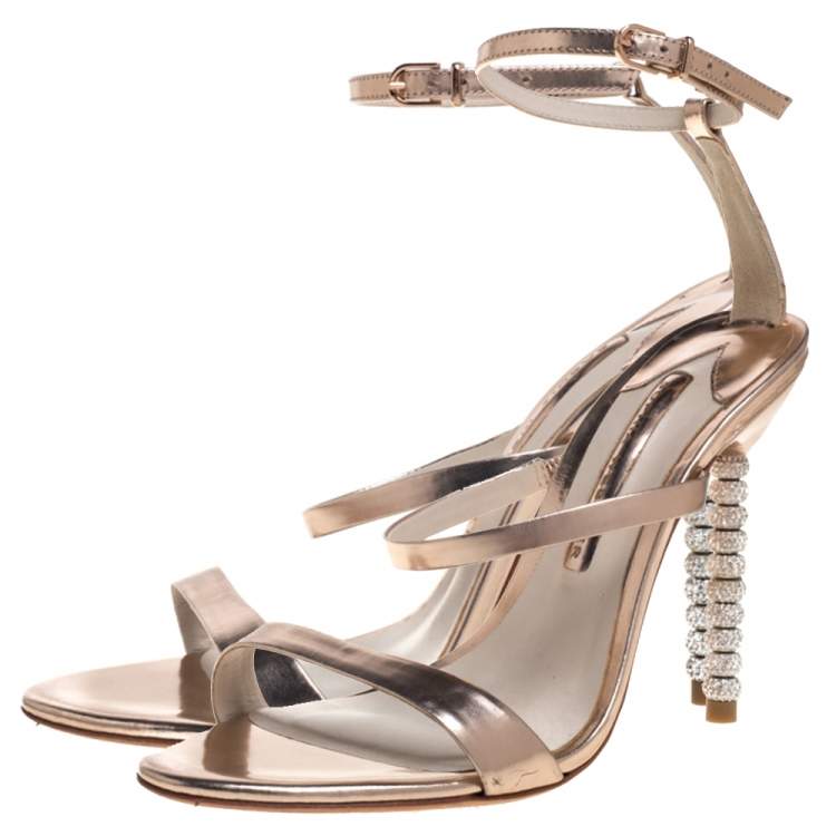 Pre Owned Sophia Webster Rose Gold Leather Rosalind Crystal Heel Ankle Strap Sandals Size 38