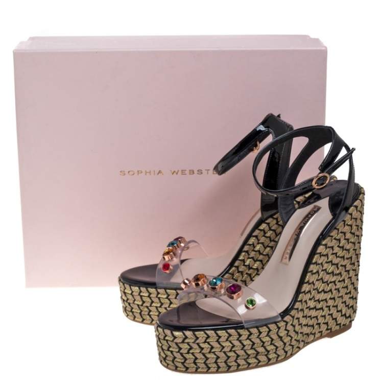 Pre Owned Sophia Webster Black Patent Leather and PVC Dina Crystal Studded Wedge Espadrille Platform Sandals Size 38