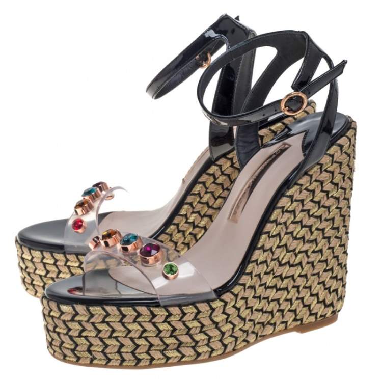 Pre Owned Sophia Webster Black Patent Leather and PVC Dina Crystal Studded Wedge Espadrille Platform Sandals Size 38
