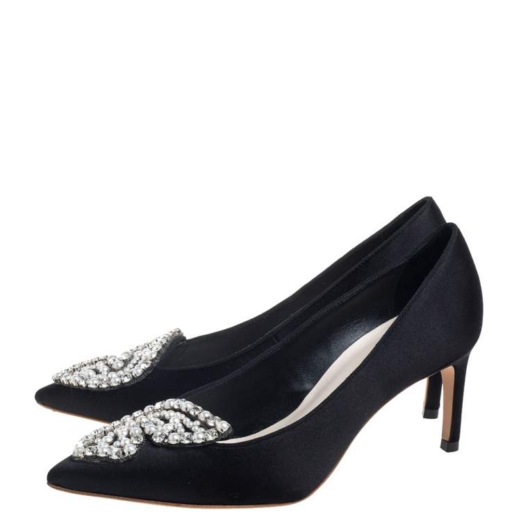 Pre Owned Sophia Webster Black Satin Crystal Embellished Bibi Pumps Size 36.5