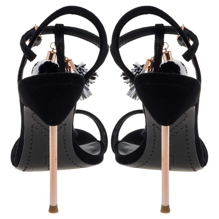 مملوكة مسبقًا Sophia Webster Black Suede Layla Pom Pom Embellished T-Strap Sandals Size 40