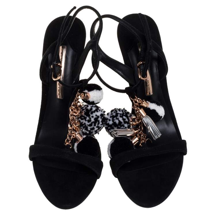 مملوكة مسبقًا Sophia Webster Black Suede Layla Pom Pom Embellished T-Strap Sandals Size 40