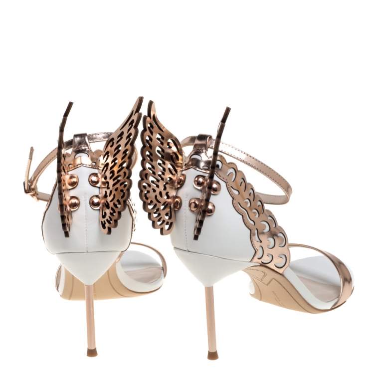 Pre Owned Sophia Webster Rose Gold/White Leather Evangeline Laser Cut Angel Wing Ankle Strap Sandals Size 39.5