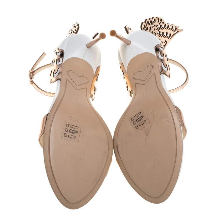 Pre Owned Sophia Webster Rose Gold/White Leather Evangeline Laser Cut Angel Wing Ankle Strap Sandals Size 39.5