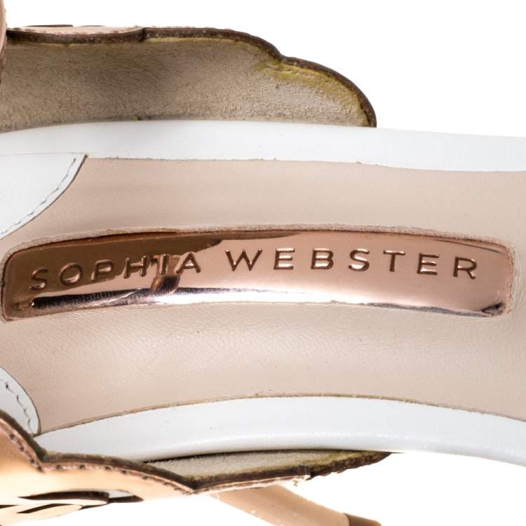 Pre Owned Sophia Webster Rose Gold/White Leather Evangeline Laser Cut Angel Wing Ankle Strap Sandals Size 39.5