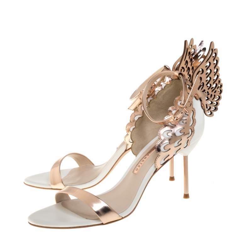 Pre Owned Sophia Webster Rose Gold/White Leather Evangeline Laser Cut Angel Wing Ankle Strap Sandals Size 39.5