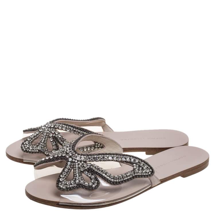 مملوكة مسبقًا Sophia Webster Beige Butterfly Crystal Embellished Suede and PVC Madame Flat Sandals Size 36