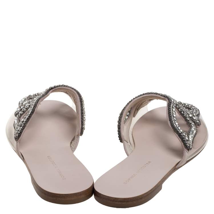مملوكة مسبقًا Sophia Webster Beige Butterfly Crystal Embellished Suede and PVC Madame Flat Sandals Size 36