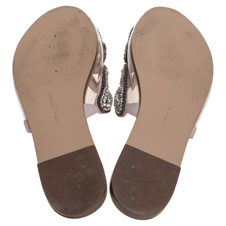 مملوكة مسبقًا Sophia Webster Beige Butterfly Crystal Embellished Suede and PVC Madame Flat Sandals Size 36