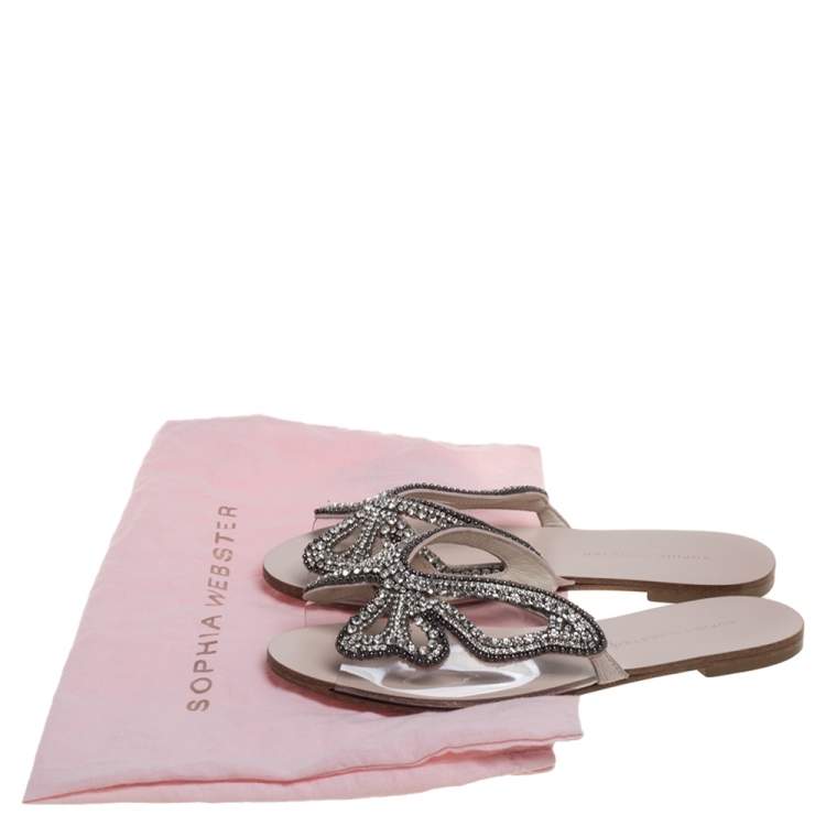 مملوكة مسبقًا Sophia Webster Beige Butterfly Crystal Embellished Suede and PVC Madame Flat Sandals Size 36