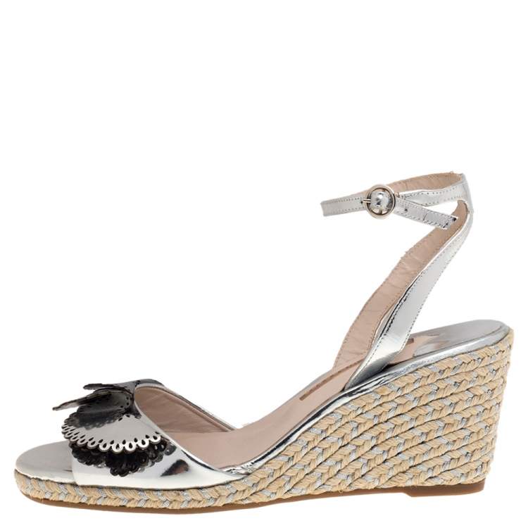 Pre Owned Sophia Webster Silver Patent Leather Soleil Lucita Espadrille-Wedge Sandals Size 40
