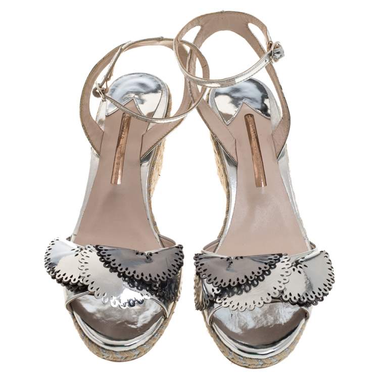 Pre Owned Sophia Webster Silver Patent Leather Soleil Lucita Espadrille-Wedge Sandals Size 40