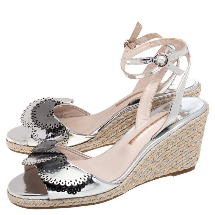 Pre Owned Sophia Webster Silver Patent Leather Soleil Lucita Espadrille-Wedge Sandals Size 40