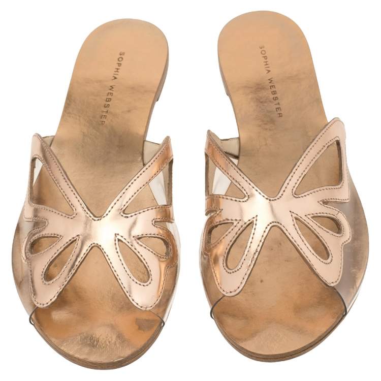 Pre Owned Sophia Webster Metallic Rose Gold Leather And PVC Madame Butterfly Flat Slides Size 37