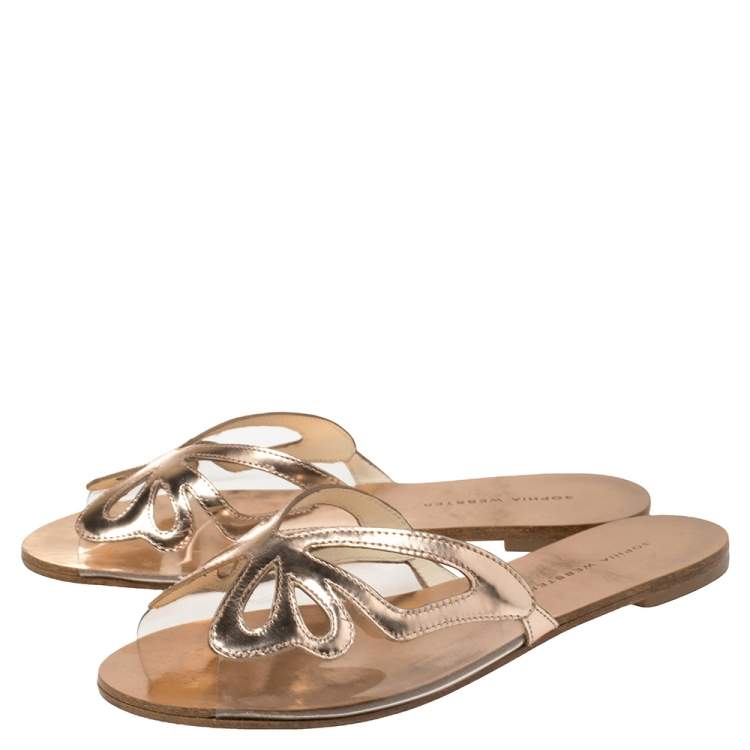 Pre Owned Sophia Webster Metallic Rose Gold Leather And PVC Madame Butterfly Flat Slides Size 37